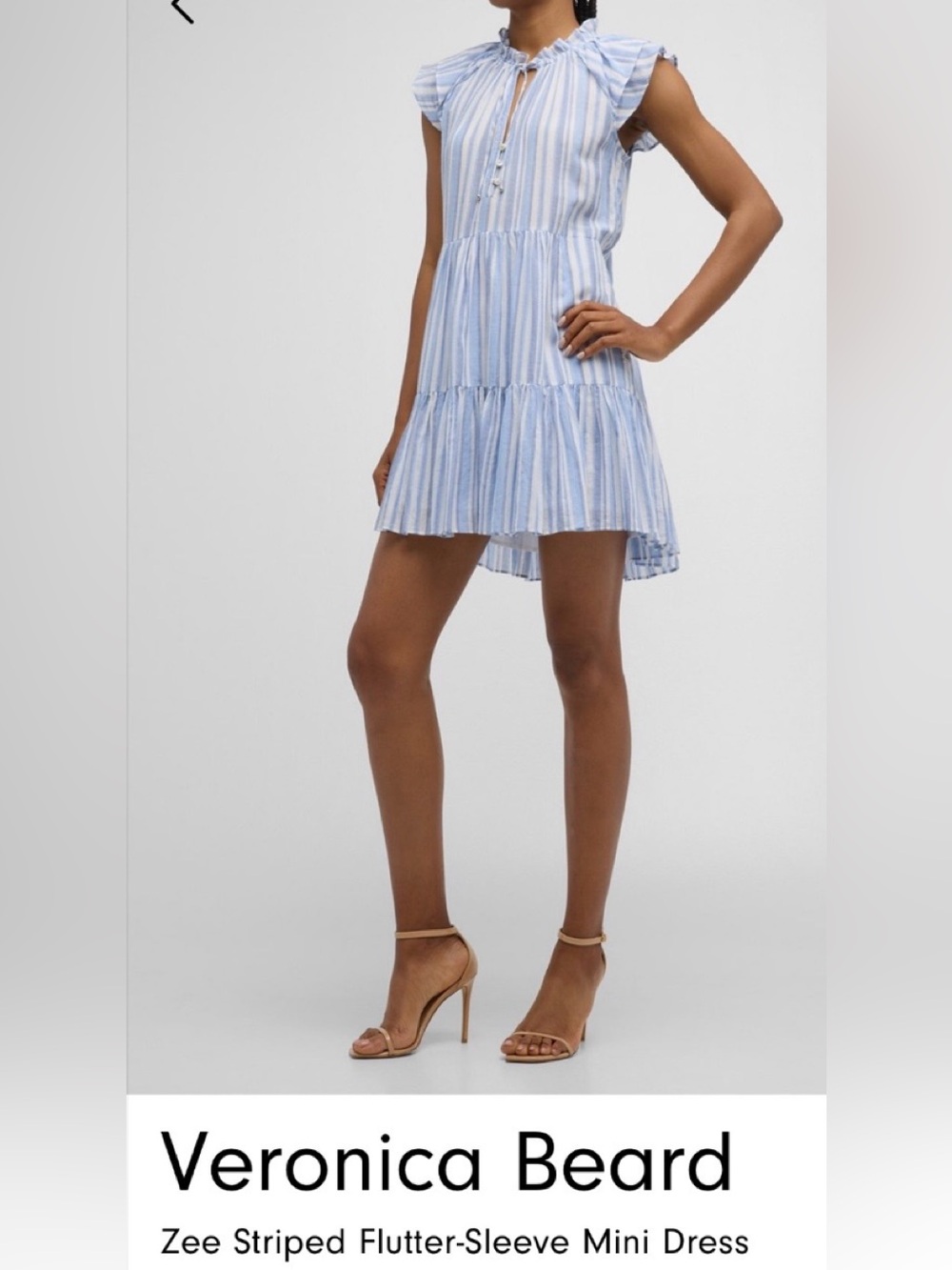 Veronica Beard Light Blue & White Striped Flutter-Sleeve Mini Dress